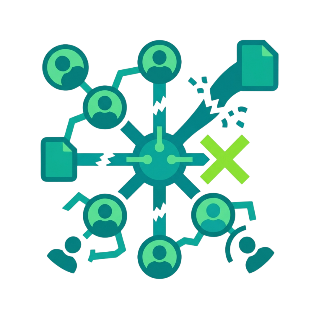Icon showing a network of user profiles and document nodes with broken connection paths.