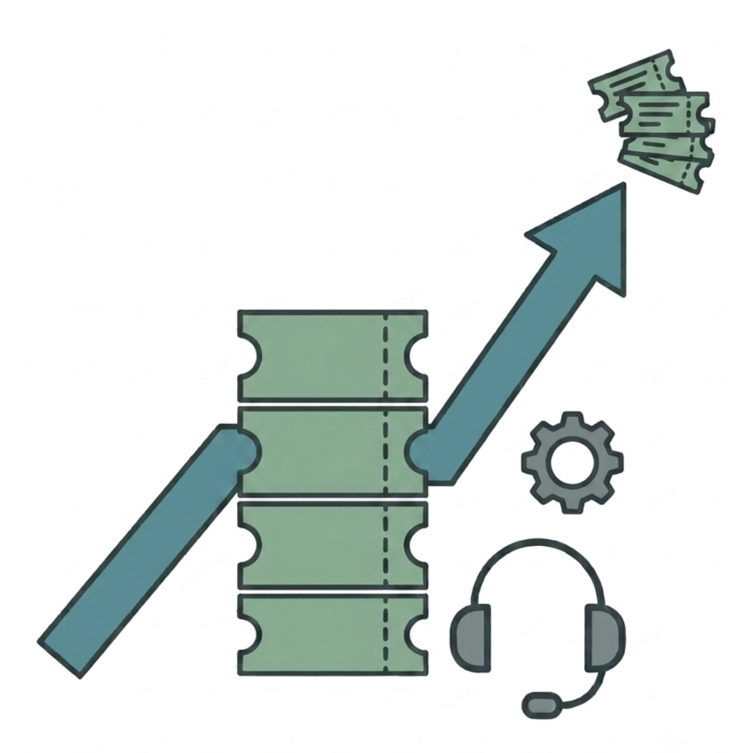 Icon showing stacked IT support tickets, a rising arrow, and a headset.