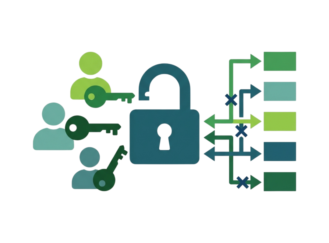 Icon showing multiple user profiles with keys, a padlock, and a broken access routing diagram.