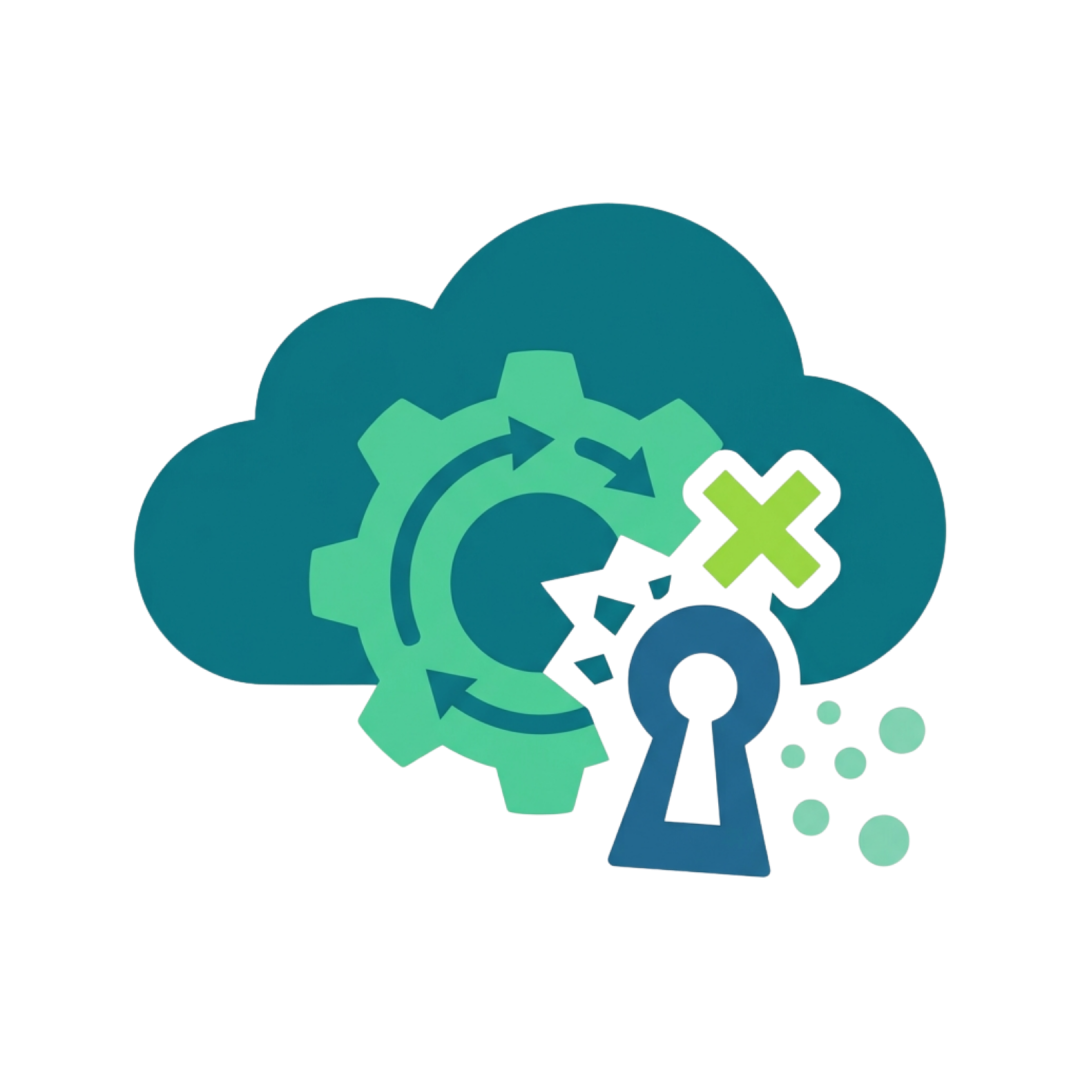 Icon showing a cloud, a gear with an arrow loop, and a broken keyhole.