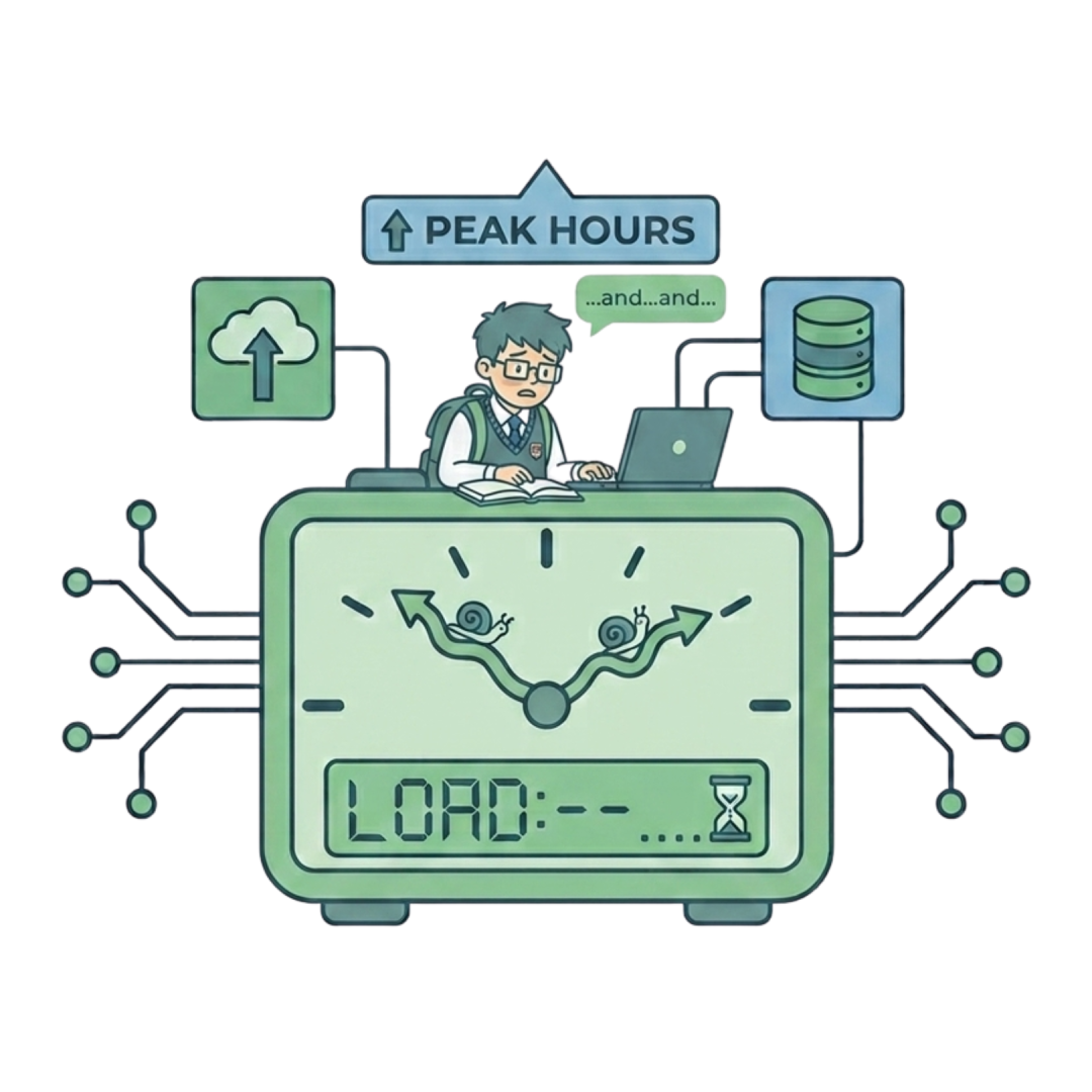 Icon showing a student struggling with slow internet and peak hours.